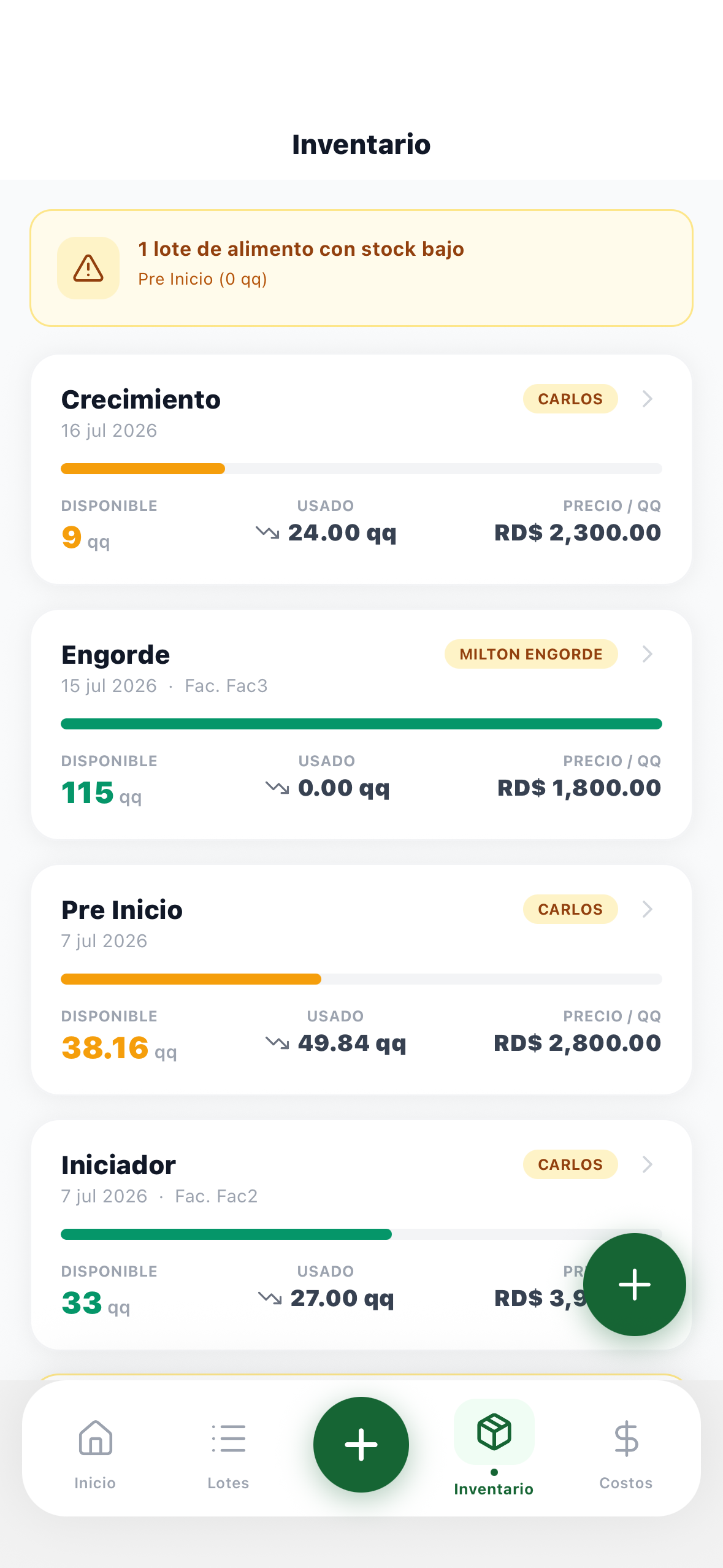 Inventario de alimentos y alertas de stock bajo en GranjaOS